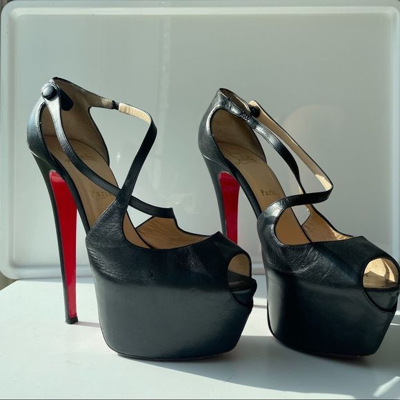 Christian Louboutin Ultra High Platform Strappy Black Leather Heels 40 - Picture 1 of 13